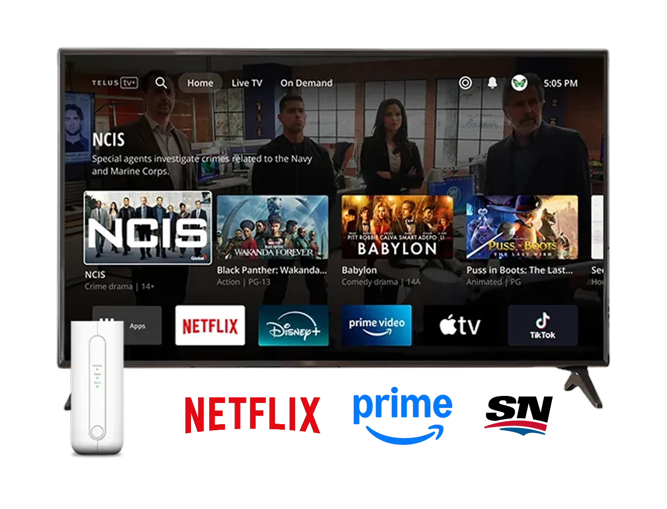 A TV displaying the TELUS TV+ Home screen. Below the TV are the logos of Netflix, Amazon Prime and Sportsnet.