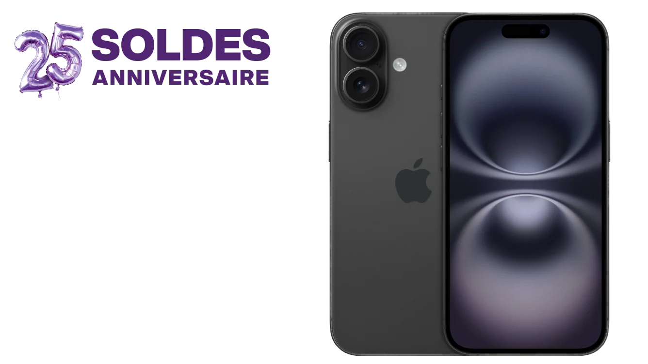 Vues avant et arrière du iPhone 16. Un autocollant avec les mots « Solde du 25e anniversaire »