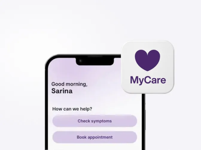 Phone with the TELUS Health MyCare app open, with buttons showing options to "Check symptoms" or "Book appointment"