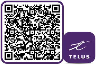 Un code QR (code de réponse rapide) muni d’une bordure violette TELUS mène à l’App Store. À côté se trouve l’icône représentant l’application MonTELUS.
