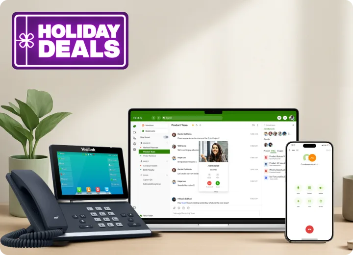 TELUS Business Connect setup showing a desk phone, laptop with team messaging interface, and smartphone with active call screen. A badge reading “Holiday Deals”