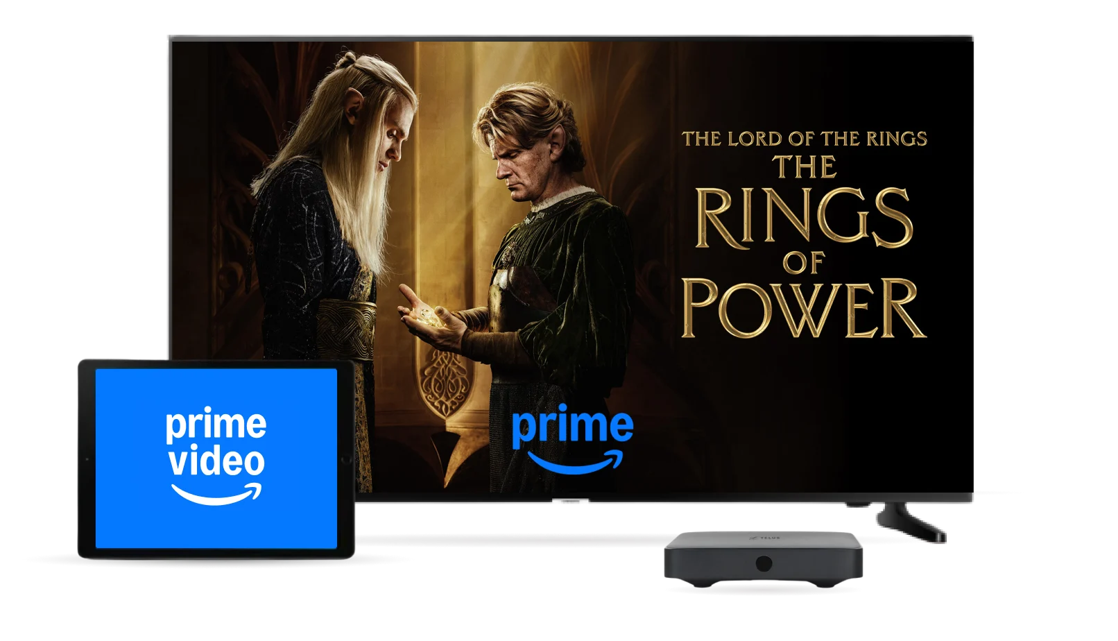 Amazon Prime, image shows amazon prime video on a tablet computer,  and a television with a poster for Rings of Power tv series.