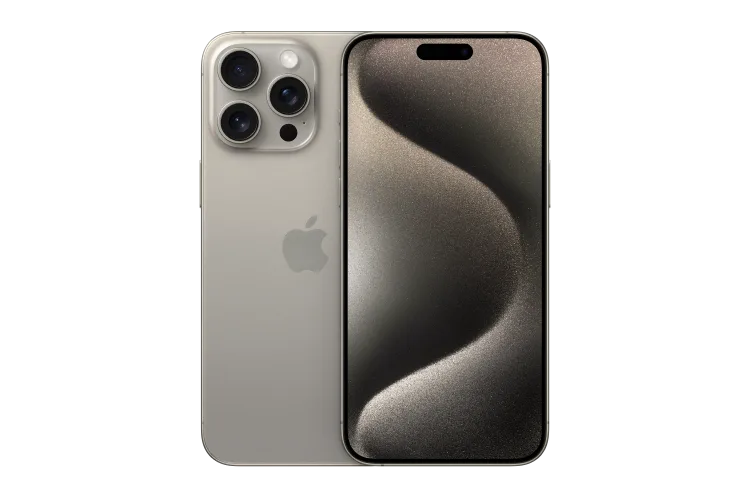 Back and front view of iPhone 15 Pro Max in Natural Titanium