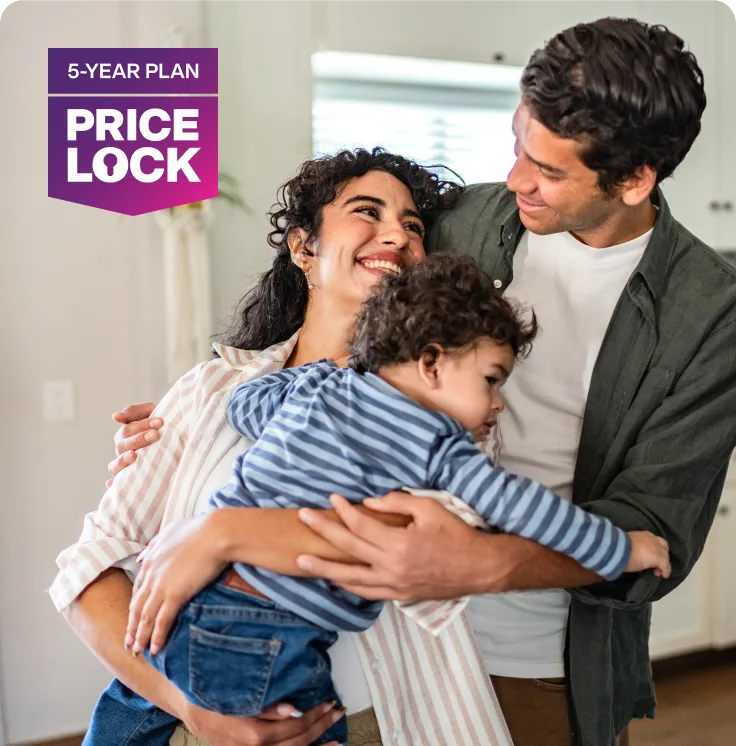 An image showing a couple happily embracing their child and a banner that says "5 Year rate plan, Price Lock".