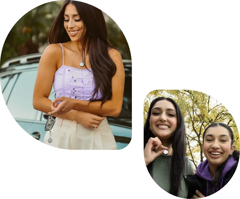 A woman has a SmartWear Security keychain while two girls show off their security necklace.