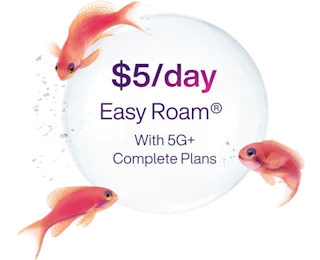 Circular white bubble containing $5/day Easy Roam® With 5G+ Complete Plans' text in purple. Three red-orange goldfish are positioned around the circular element.
