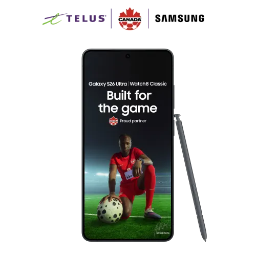 Samsung Galaxy S26 Ultra featuring a soccer player. TELUS, Soccer Canada, and Samsung logos at the top.