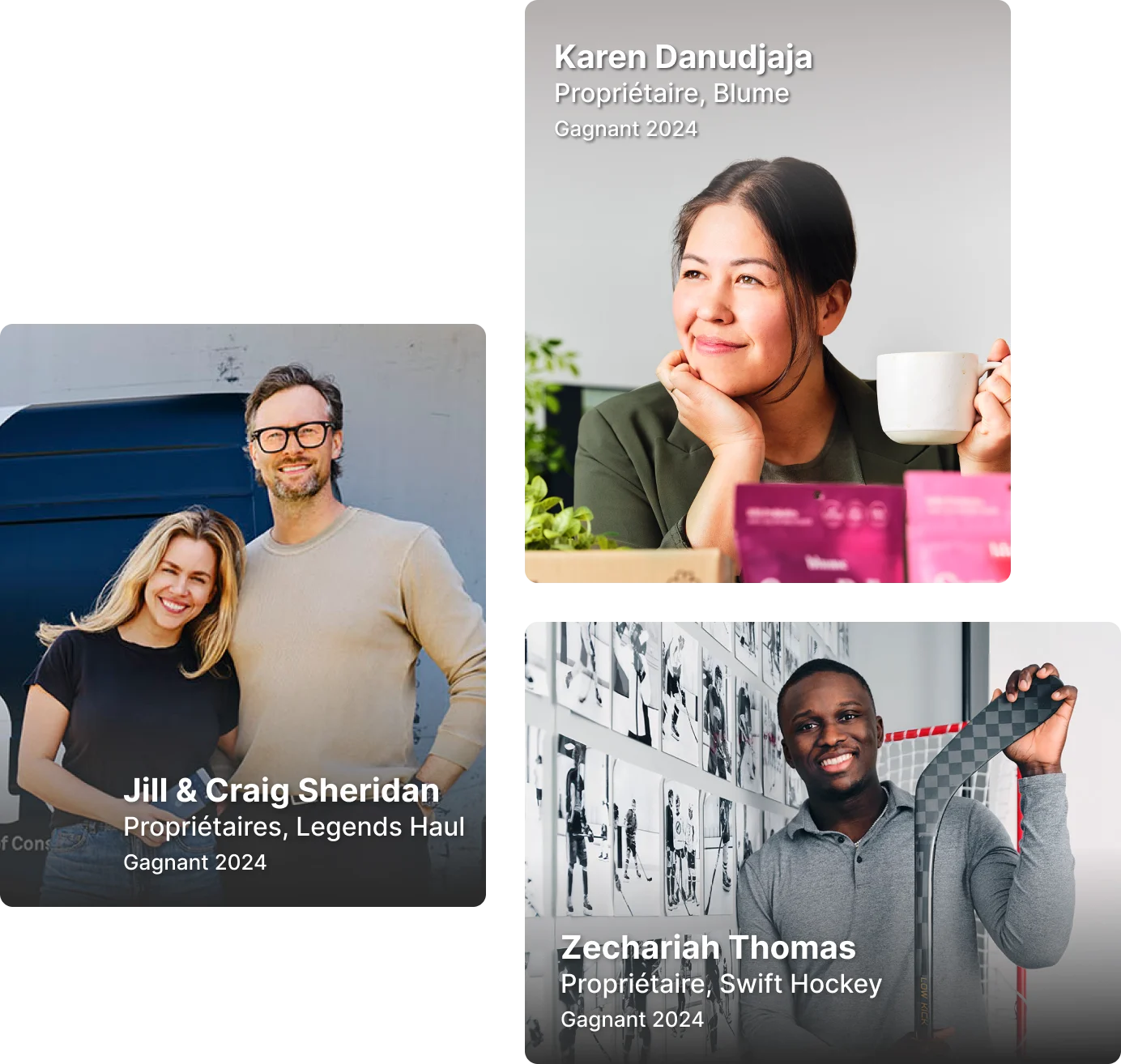 Portraits de trois gagnants de 2024 : Karen Danudaja, propriétaire de Blume, Jill et Craig Sheridan, propriétaires de Legends Haul, et Zechariah Thomas, propriétaire de Swift Hockey