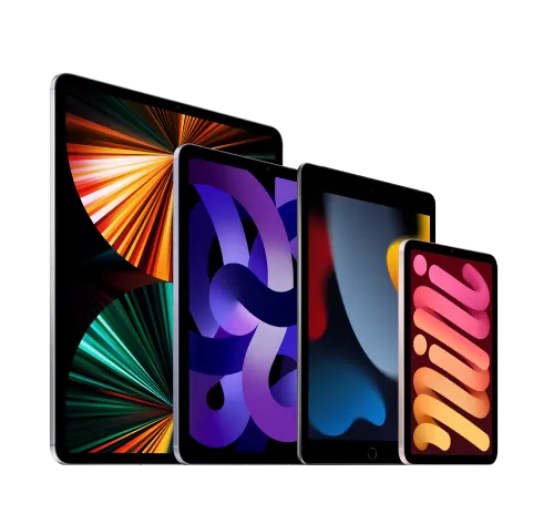A family of four iPad devices, each with a colourful background.