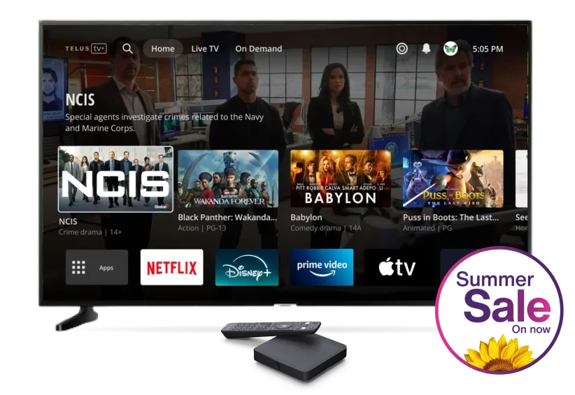 A large TV with various show selections on TELUS TV+ app. Next to it is a roundel with the text: Summer Sale on now