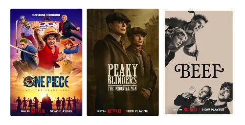 Three posters: One Piece: Into the grand line, Peaky Blinders and Beef.