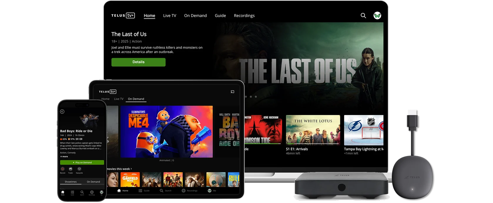 A TV and devices displaying streaming apps, "The Last of Us," movie options, and a TELUS TV Mini beside them.
