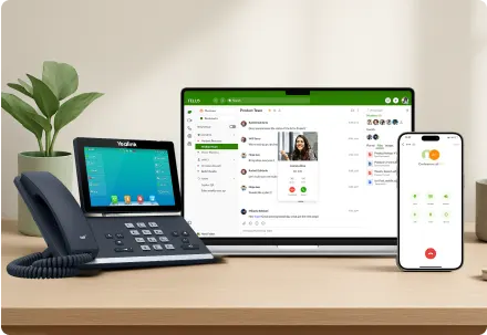 Desk phone, laptop, and smartphone showing TELUS Business Connect screens.