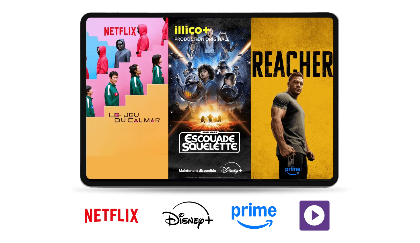 TELUS EnContinu+. Tablette avec affiches pour « Le Jeu du calmar » sur Netflix, « Escouade Skelettes » sur Disney+ et « Reacher » sur Amazon Prime.