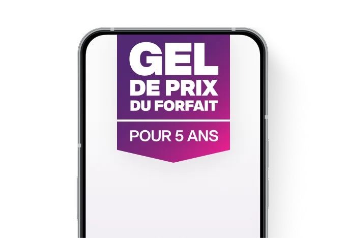 L'écran d'un téléphone intelligent affichant un ruban dégradé violet et rose en haut avec le texte « GEL DE PRIX DU FORFAIT POUR 5 ANS »