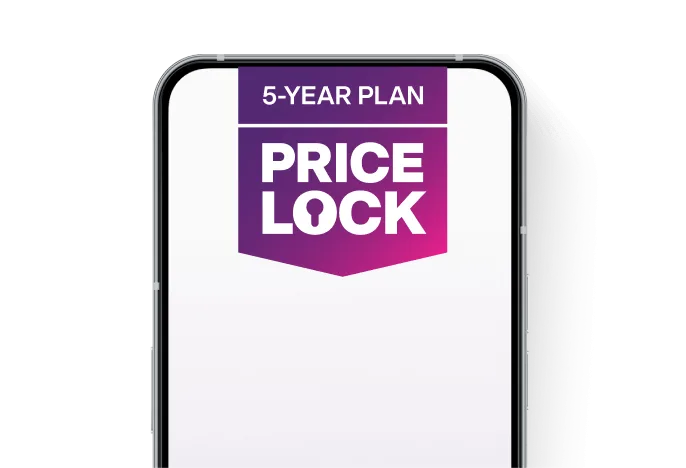 A smartphone screen displaying a purple and pink gradient ribbon at the top with the text "5-YEAR PLAN PRICE LOCK"