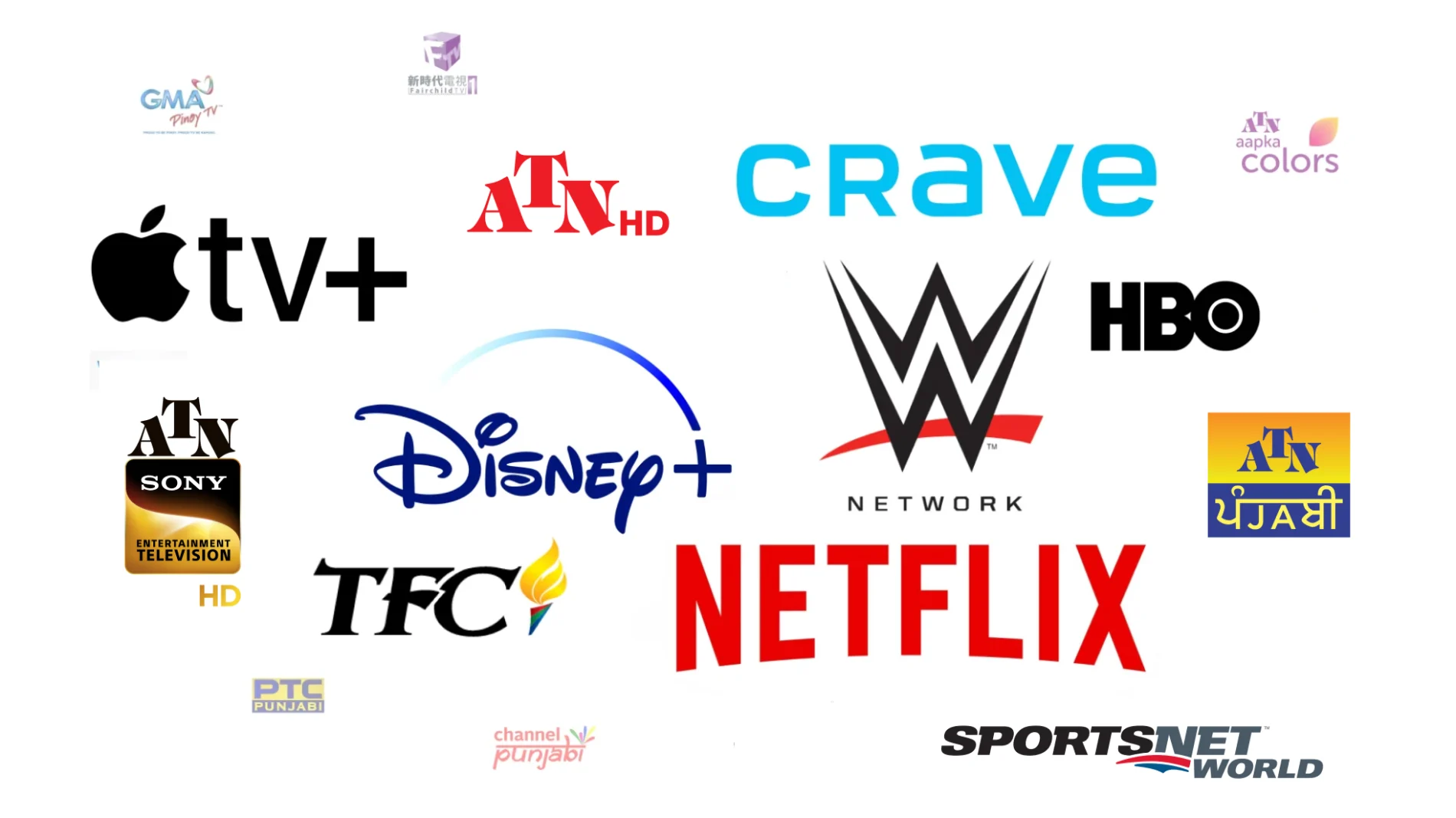 Premium channel logos displayed include: Apple TV, Disney+, Netflix, GMA, ATN HD, Crave Network, ATN Colors, HBO, SportsNet World, PTC, TFC, and Channel Punjabi.