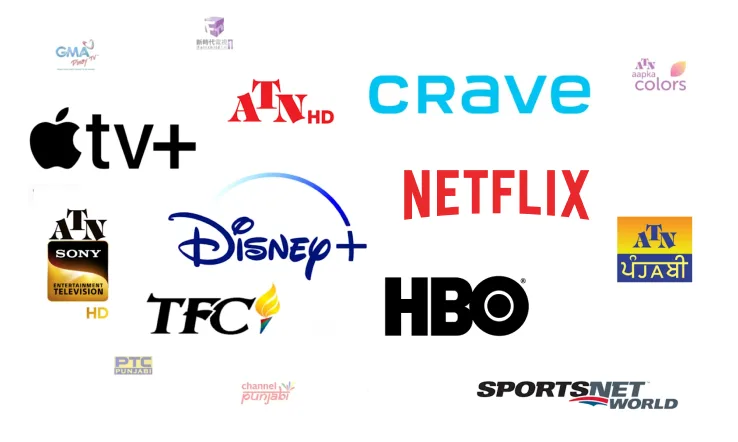 Premium channel logos displayed include: Apple TV, Disney+, Netflix, GMA, ATN HD, Crave Network, ATN Colors, HBO, SportsNet World, PTC, TFC, and Channel Punjabi.