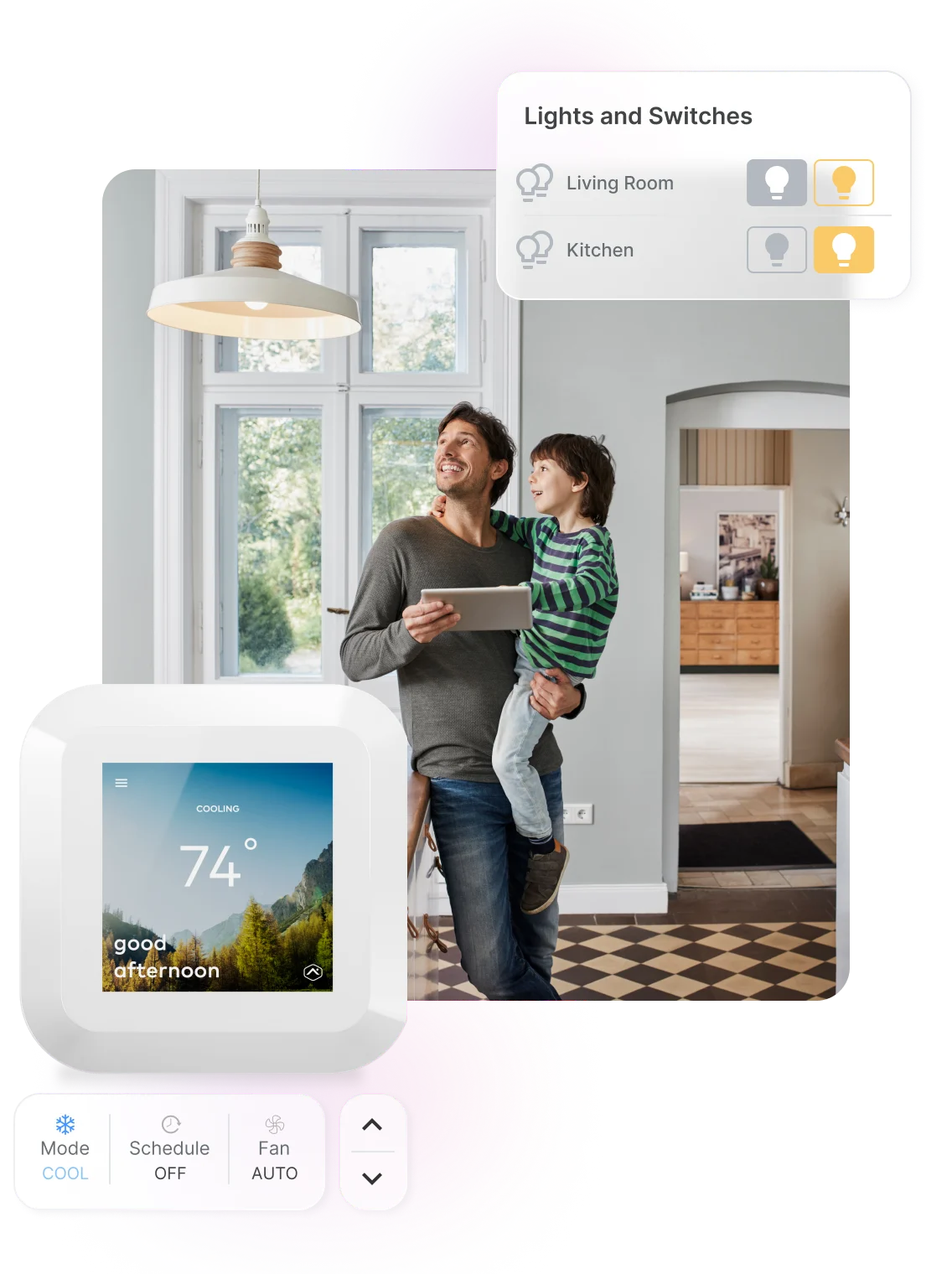 A father and son hold a tablet, shown alongside a smart thermostat and icons showcasing how to control temperature and lights from an app.