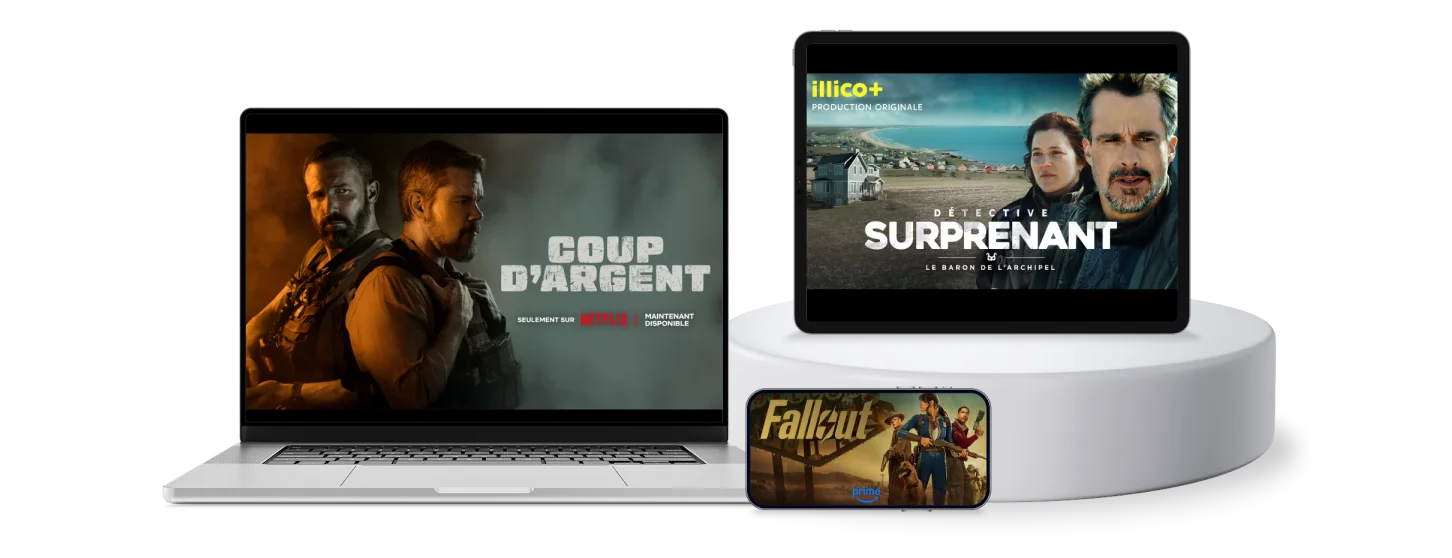 Plusieurs appareils avec les affiches de « Coup d’argent » sur Netflix, « Détective Surprenant » sur Illico+ et « Fallout » sur Amazon Prime.