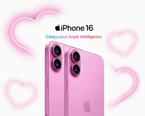 “ Conçu pour Apple Intelligence ”. La vue de dos de l'iPhone 16 en rose avec des cœurs rose fluo flottant autour.