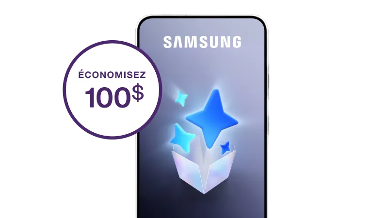 Téléphone intelligent avec un logo en forme d'étoile bleue AI à l'écran et un badge promotionnel « ÉCONOMISEZ 100 $ ».