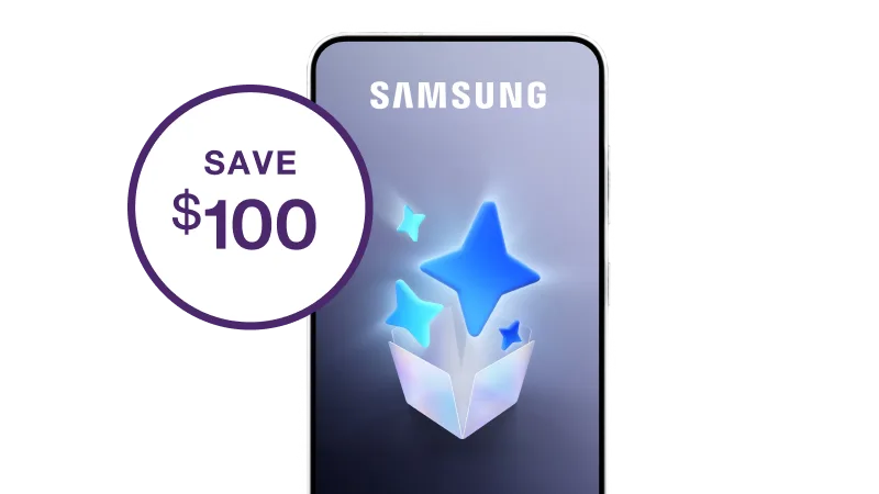 Smartphone with blue AI star graphic on screen and 'SAVE $100' promotional badge.