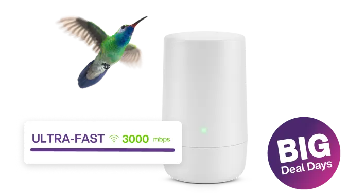 A hummingbird flying toward a TELUS modem. A sticker reads: Ultra-fast – 3000 mbps. A roundel reads: Big Deal Days.