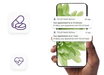 A mobile phone showing the TELUS Health MyCare app screen, next to icons signifying prescriptions and personal health.