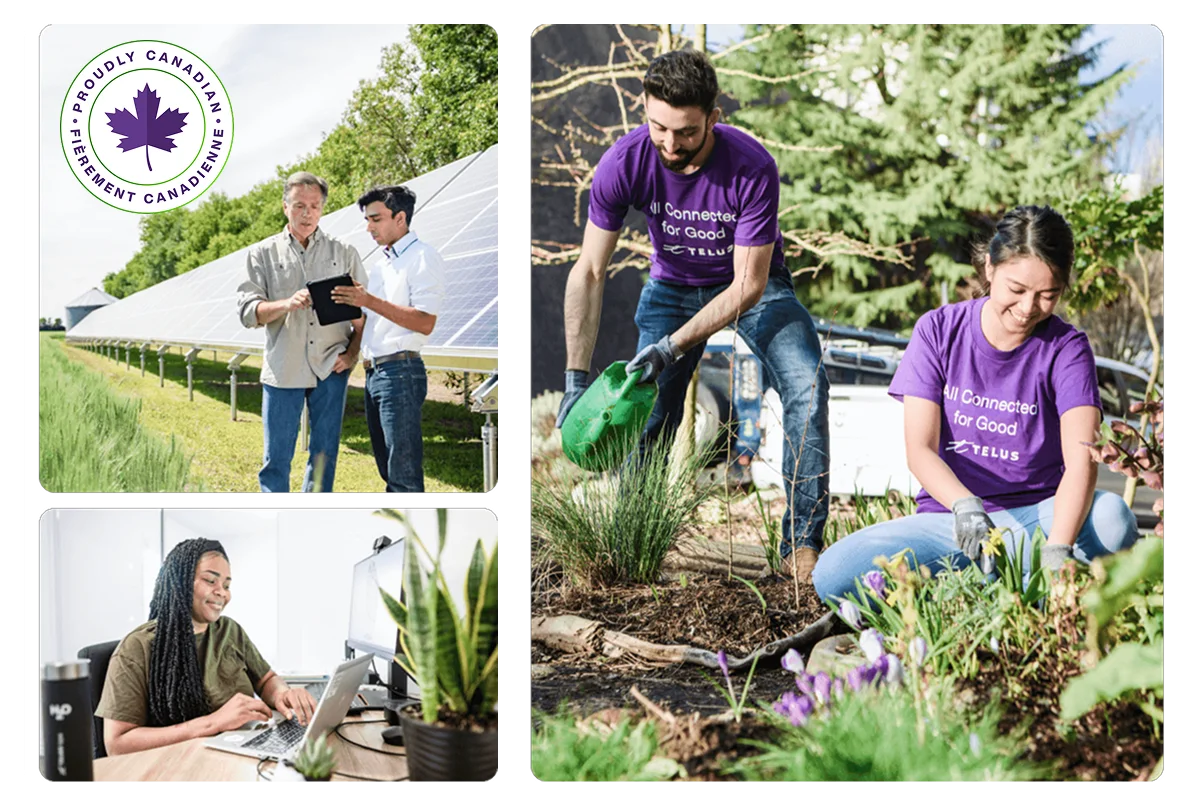 Collage montrant des bénévoles de TELUS en train de planter des arbres, de travailler à l'extérieur et de collaborer au bureau. Le logo violet des Journées du bénévolat de TELUS apparaît dans le coin supérieur gauche.
