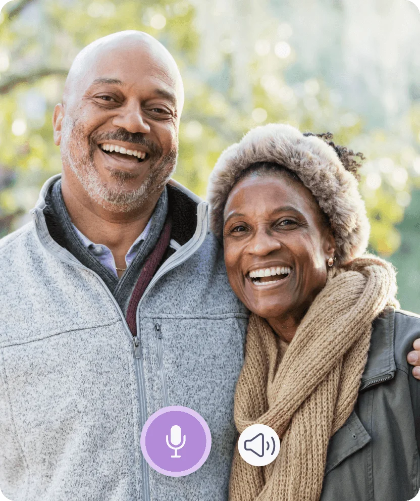 Elderly couple smiling with video call interface overlay