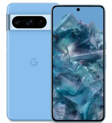 Front and back view of Pixel 8 Pro in Obsidian blue.