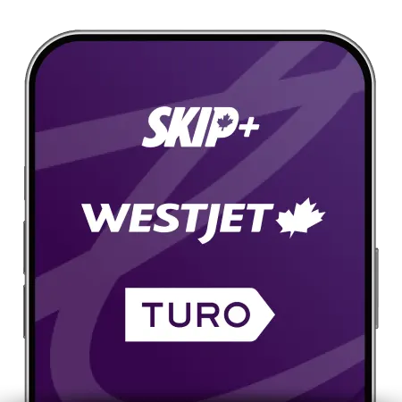 The top half of a smartphone displaying Skip+, WestJet, and TURO brand logos on a purple TELUS Rewards branded background.