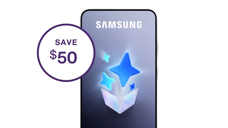 Smartphone with blue AI star graphic on screen and 'SAVE $50' promotional badge.