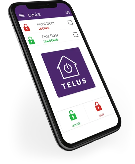 The Telus smart home app on a mobile device with security camera and door lock features.