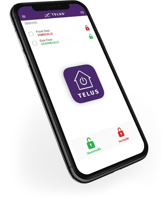 The Telus smart home app on a mobile device with security camera and door lock features.