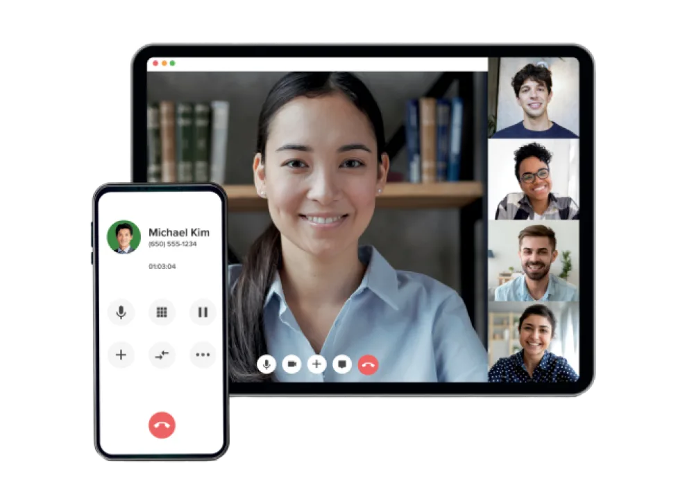 A smartphone and a tablet displaying a conference call with 4 smiling people.