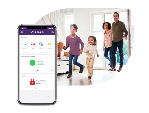 A family is getting home. A phone screen shows the home security app home screen.