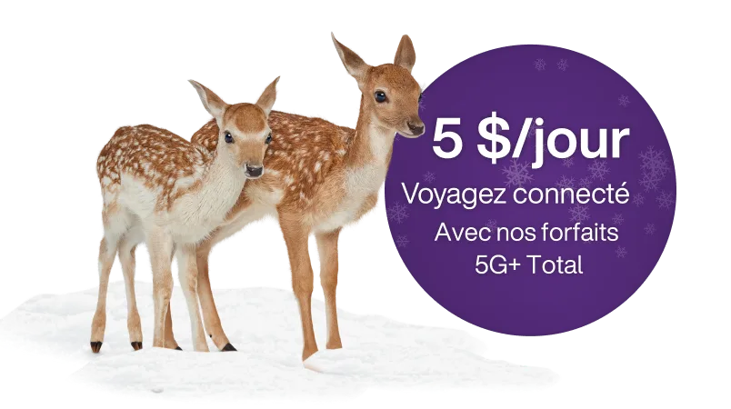 Deux chevreuils inspectant un cercle contenant le texte : « 5 $ par jour, Voyagez connecté avec nos forfaits 5G+ Total ».