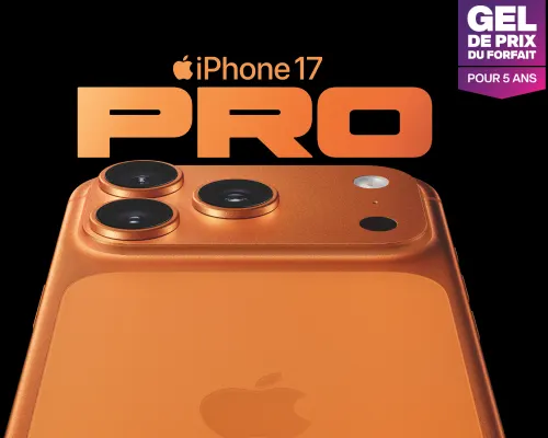 iPhone 17 Pro en couleur orange cosmique muni d’un système à triple appareil photo. Le texte « iPhone 17 PRO » est bien visible au-dessus de l'appareil.