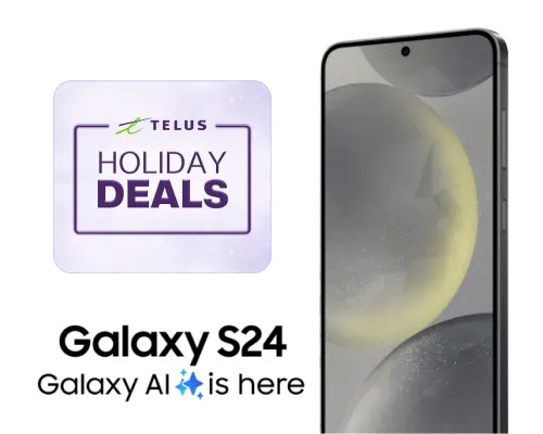 TELUS Holiday Deals. Galaxy S24: Galaxy AI is here. Front view of the Galaxy S24.