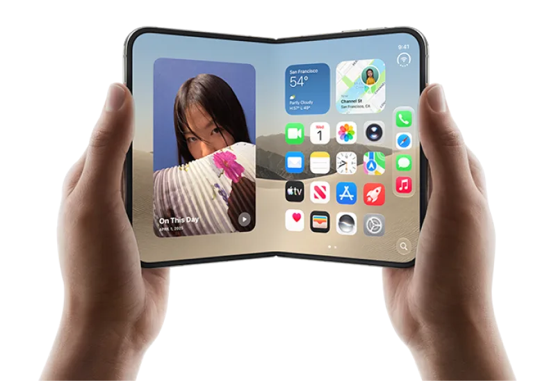 Two hands holding an iPhone Duo and showing its inner display, unfolding like a book.