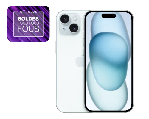 Un logo indique « Offres des Soldes fous fous fous » et flotte à côté des vues avant et arrière d'un iPhone 15.