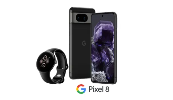 The front and back view of Google Pixel 8 in Obsidian next to the Pixel Watch 2 in Matte Black Aluminium with the Google logo underneath reading “Pixel 8”.