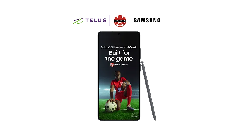 Samsung Galaxy S26 Ultra featuring a soccer player. TELUS, Soccer Canada, and Samsung logos at the top.