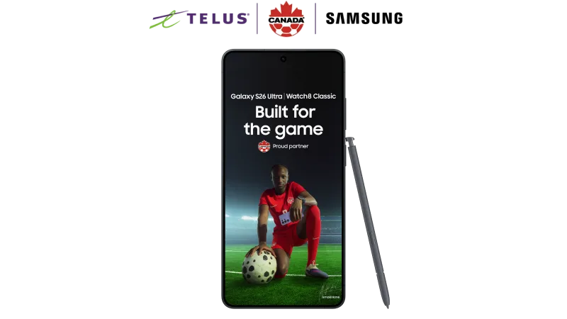 Samsung Galaxy S26 Ultra featuring a soccer player. TELUS, Soccer Canada, and Samsung logos at the top.