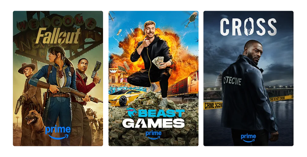 Three posters: Fallout, Beast Games, and Cross.