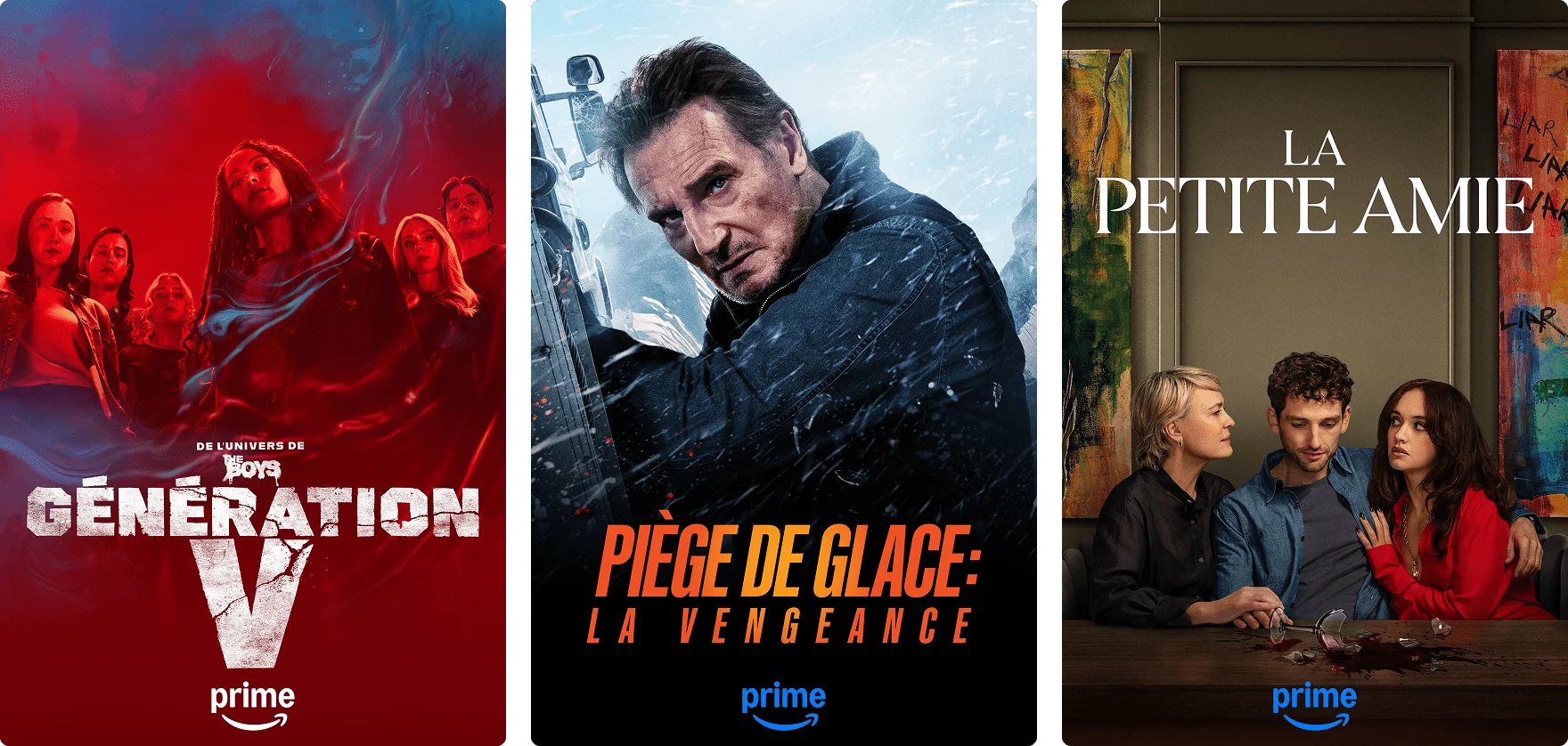 Affiches de Génération V, Ice Road et La petite amie, disponibles en diffusion en continu sur Amazon Prime.