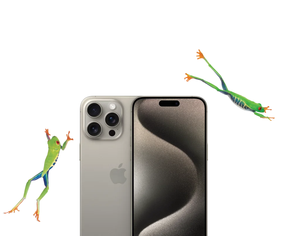 Deux grenouilles TELUS sautant par-dessus un iPhone 15 Pro Max de couleur Titane naturel.
