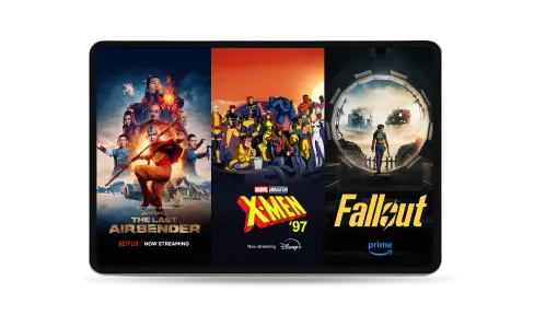 Une tablette affichant trois séries à succès diffusées sur EnContinu+ : Avatar : Le dernier maître de l'air de Netflix, X-Men '97 de Disney+ Standard et Fallout de Prime.